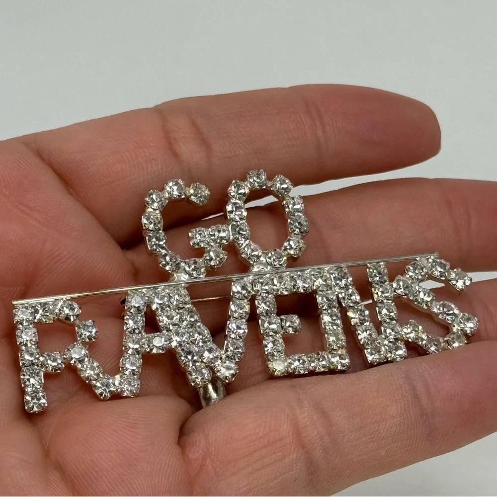 Vintage Clear Rhinestone Go Ravens Brooch